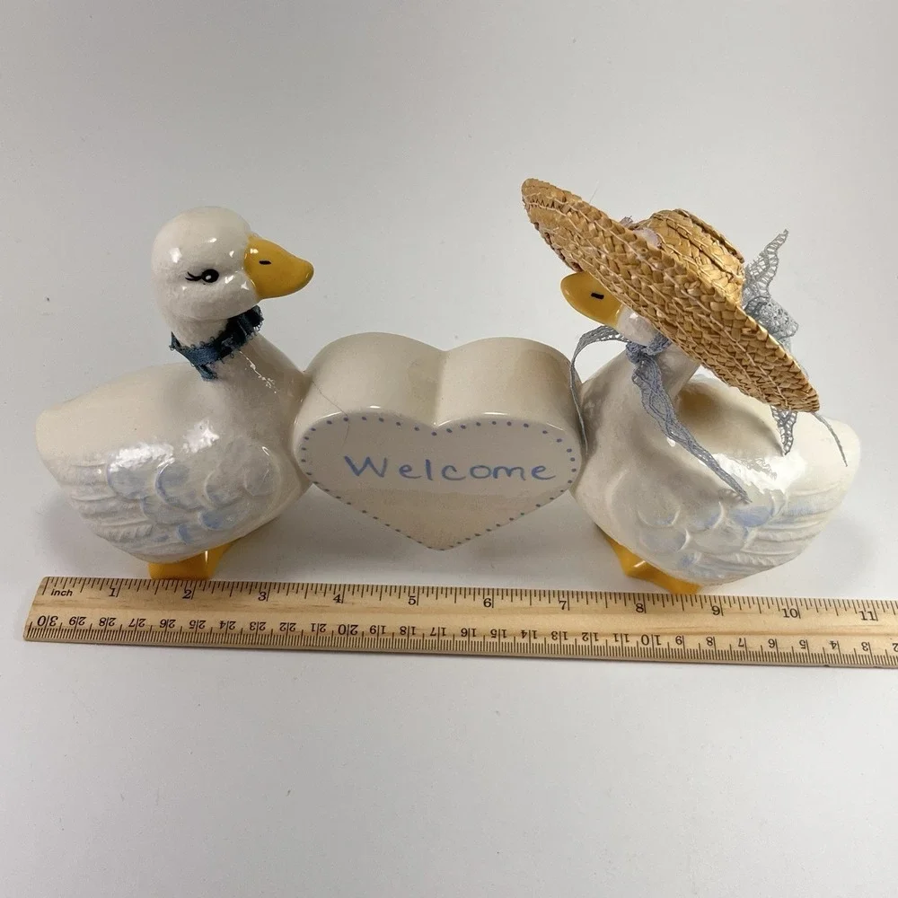 Vintage Goose Duck Figurine Welcome Blue Ribbon Hat Cottagecore Grandma Country